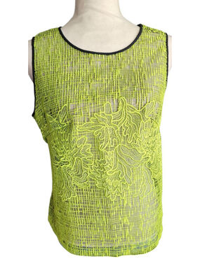 Per Se Size 10 Neon Lime Green Sheer Embroidered Floral Lace Mesh Sleeveless Top
